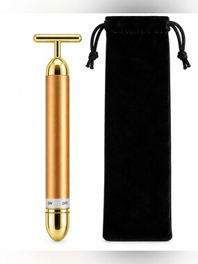 Luxury Gold Tone Vibrating T-Bar Facial Massager Beauty Lifting Tool + Velvet pc